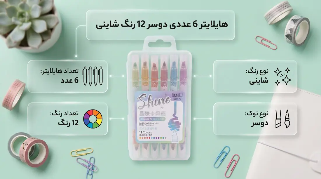 اینفوگرافیک هایلایتر ۶ عددی دوسر ۱۲ رنگ اکلیلی شاینی مدل "Shiny" با پسزمینه فانتزی و لوازم تحریر دخترانه بامزه.