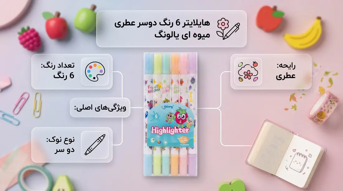 هایلایتر 6 رنگ دوسر عطری میوهای یالونگ در پسزمینهای فانتزی با آیکونهای پالت رنگ، مداد دوسر و میوههای تزئینی.
