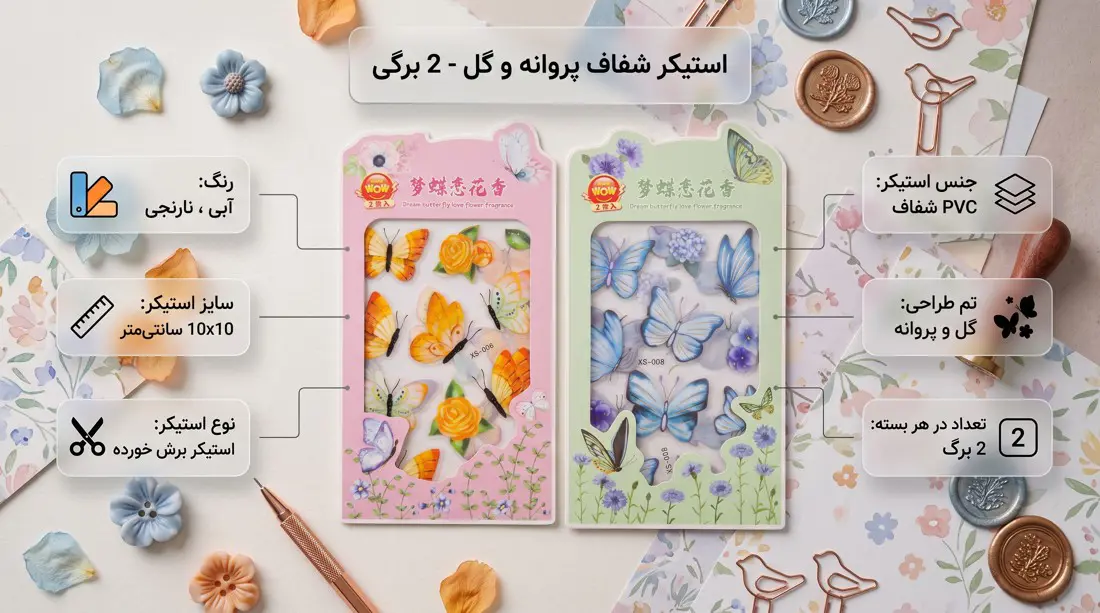 دو بسته استیکر شفاف پروانه و گل، آبی و نارنجی، جنس PVC شفاف برش خورده، سایز 10x10 سانتیمتر مناسب تزئین بولت ژورنال و پلنر.