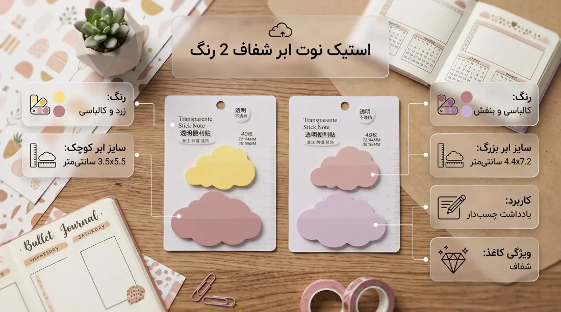 استیک نوت فانتزی طرح ابر شفاف 2 رنگ (زرد، بنفش، کالباسی) روی میز کنار بولت ژورنال و لوازم تحریر خاص.