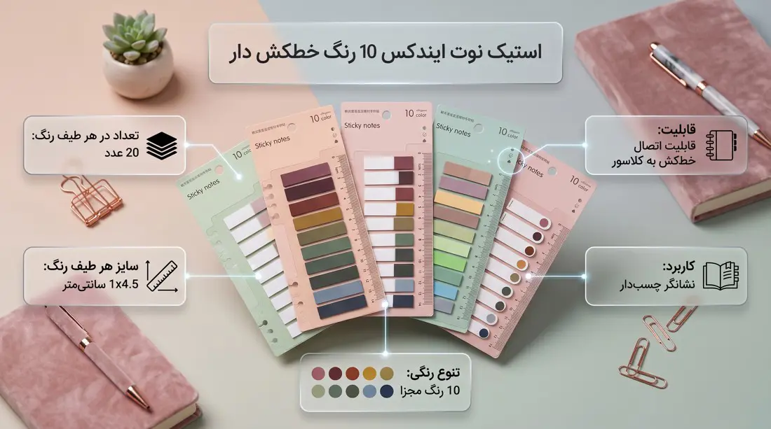 اینفوگرافیک استیک نوت ایندکس 10 رنگ با خطکش، توضیح دهنده 10 رنگ، تعداد 20 عدد، سایز 1x4.5cm، اتصال به کلاسور، کاربرد نشانگر.