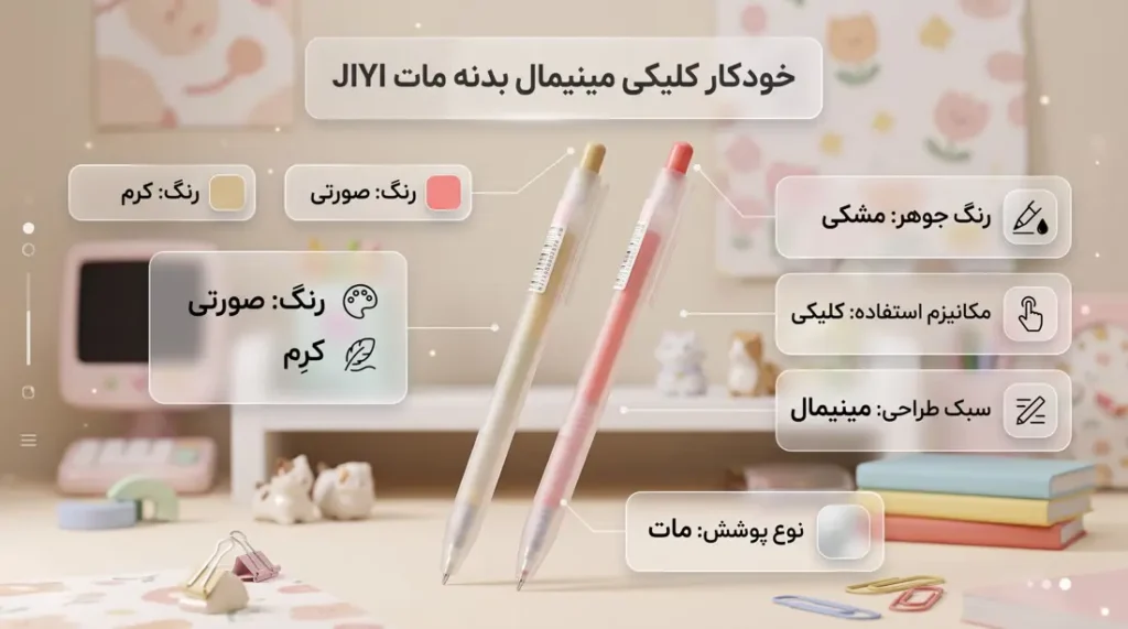 تصویر تبلیغاتی خودکار کلیکی مینیمال JIYI با بدنه مات در رنگهای صورتی و کرم روی میز کار فانتزی، همراه با توضیحات ویژگیهایی مثل جوهر مشکی و مکانیزم کلیکی