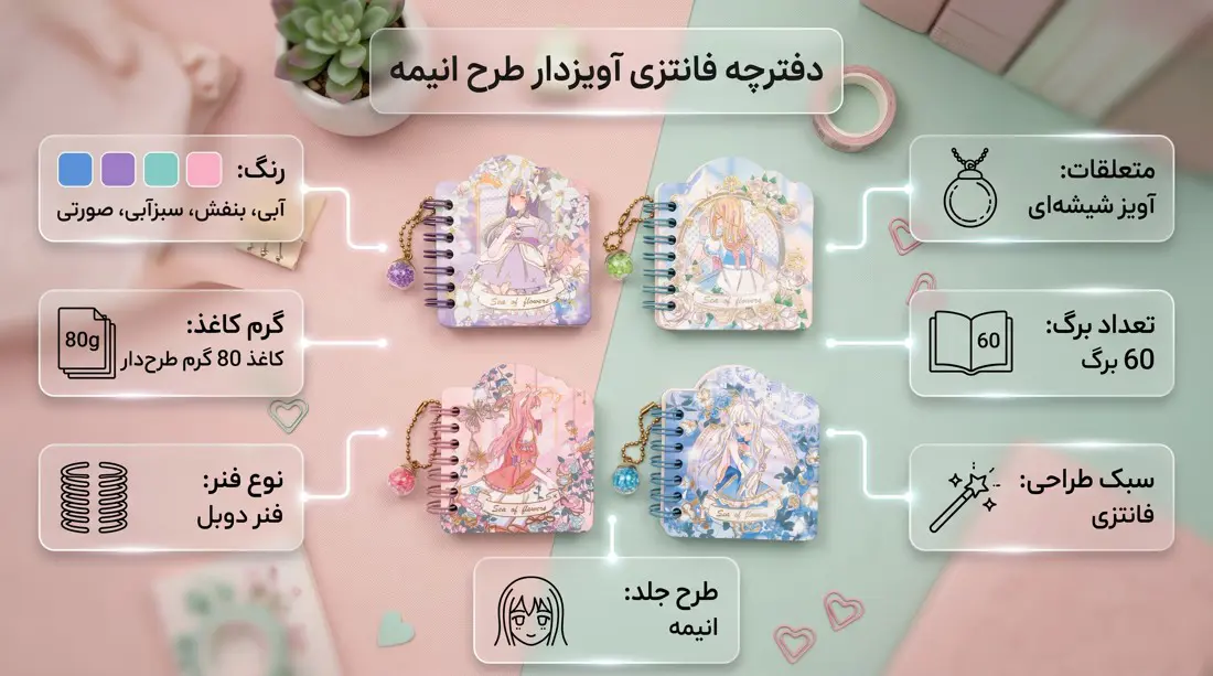 دفترچه فانتزی آویزدار طرح انیمه، ۶۰ برگ با فنر دوبل در رنگهای آبی، بنفش، سبزآبی و صورتی برای فروشگاه لوازمالتحریر تیله.